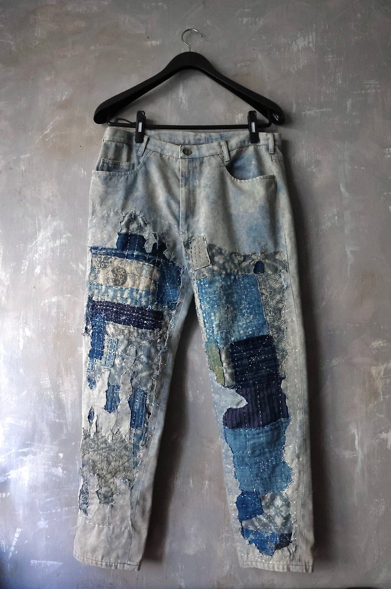 heavy stone washed denim vest hand stitched shirt with Boro fabrics antique - Men's Pants - Cotton & Hemp 