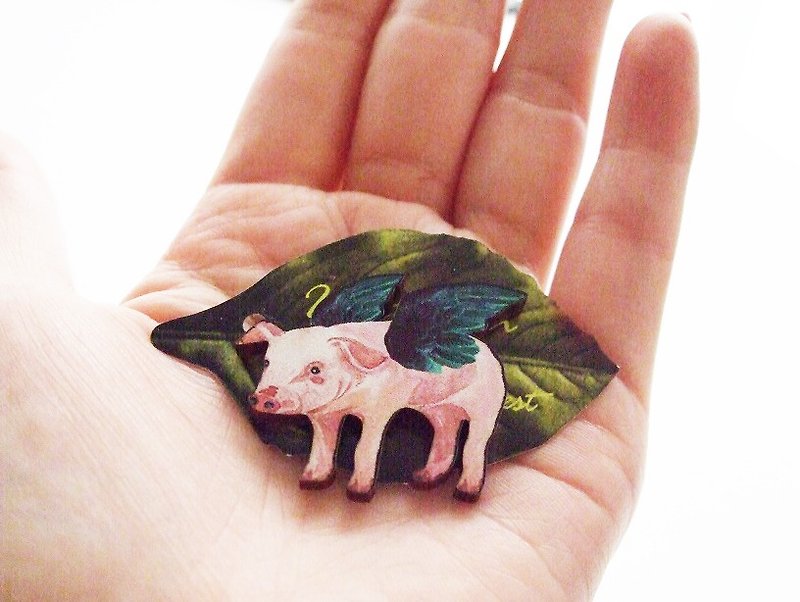 flying pig brooch - 胸針 - 木頭 粉紅色