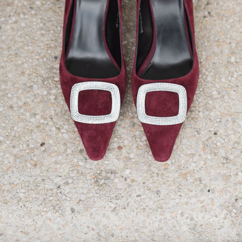 Diamond jewelry-retro cashmere heels-dark red - รองเท้าส้นสูง - หนังแท้ สีแดง