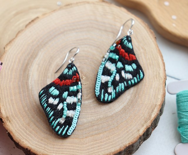 Wings butterfly earrings, handmade embroidered earrings - Shop