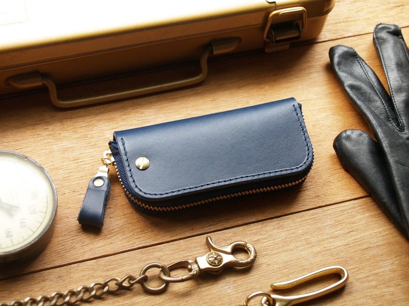 Leather Key Case ( Custom Name ) - Navy Blue - Keychains - Genuine Leather Blue