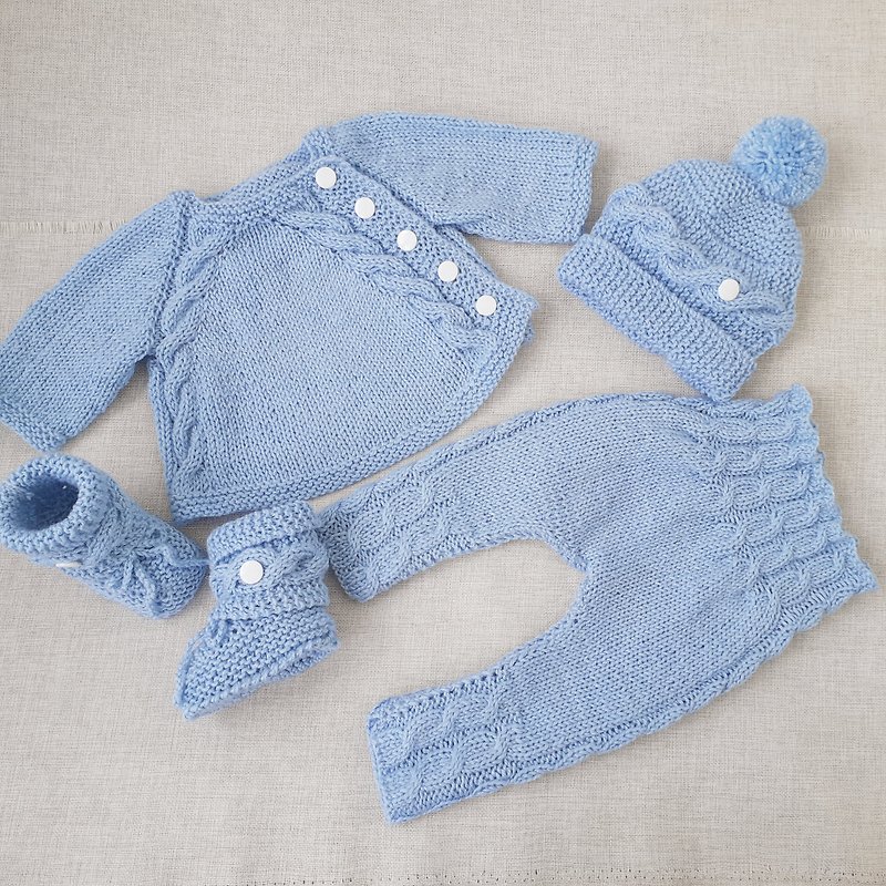 newborn boy coming home outfit blue, baby boy sweater set, leggins hat booties - 男/女童裝 - 羊毛 藍色