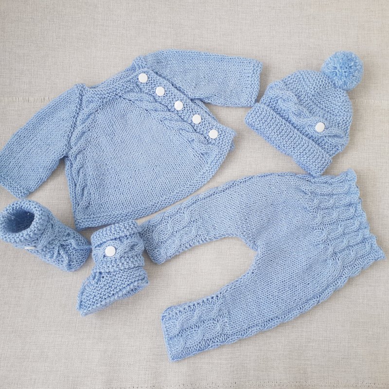 newborn boy coming home outfit blue, baby boy sweater set, leggins hat booties - Tops & T-Shirts - Wool Blue