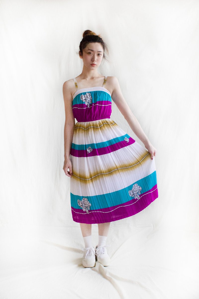 Needle strokes, rose sleeveless, vintage dress - One Piece Dresses - Polyester 