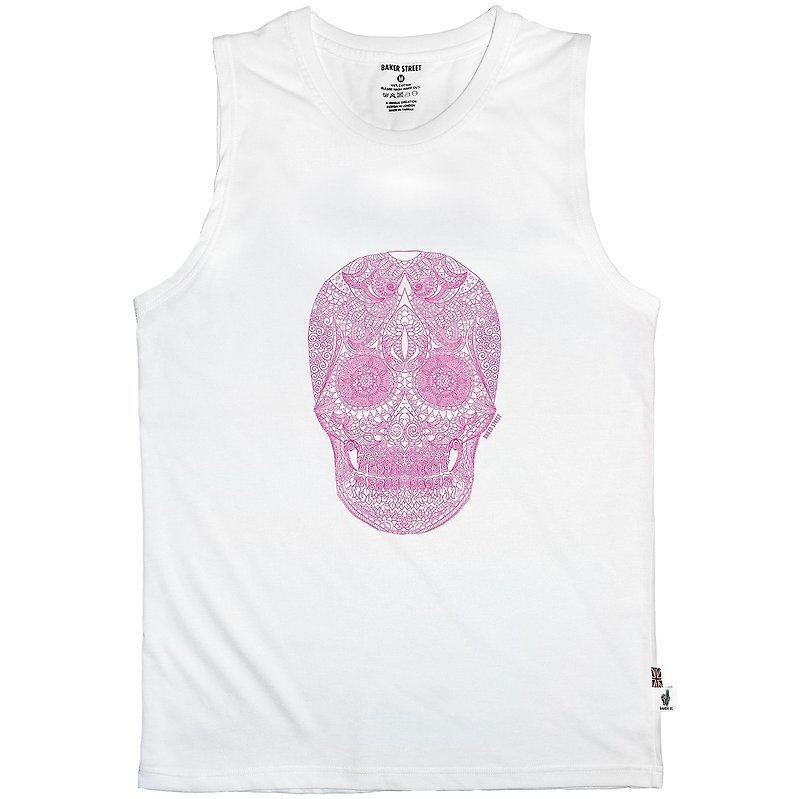 British Fashion Brand [Baker Street]Zentangle Skull Printed Vest - เสื้อกั๊กผู้ชาย - ผ้าฝ้าย/ผ้าลินิน ขาว