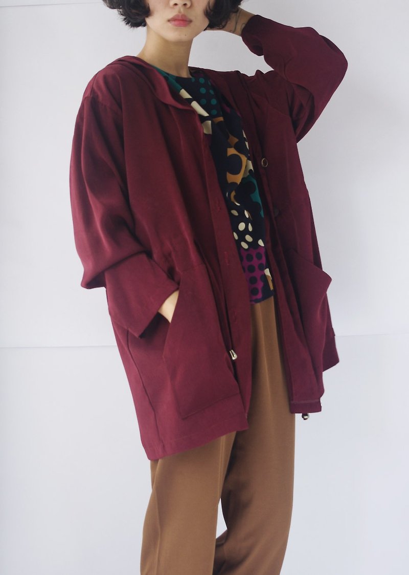 4.5studio- treasure vintage - retro burgundy hooded windbreaker jacket waisted - เสื้อแจ็คเก็ต - เส้นใยสังเคราะห์ สีแดง