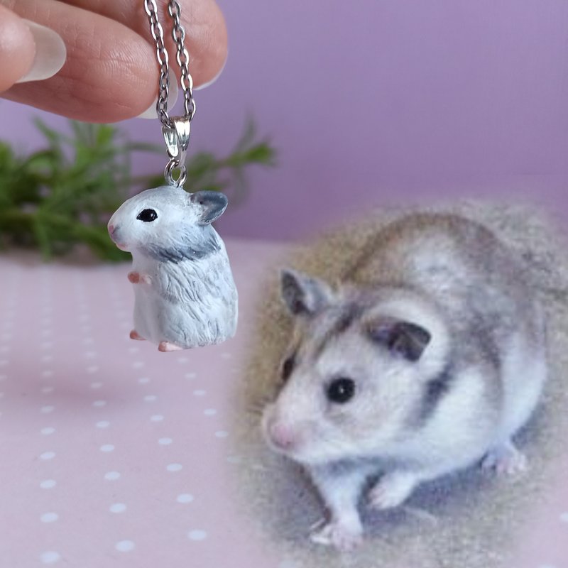 Syrian hamster necklace White and silver gray longhair breed memorial gift - อื่นๆ - พลาสติก สีเงิน