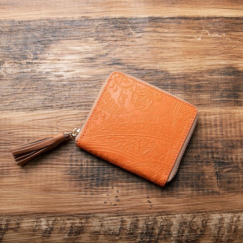 Botanical Paisley Mini Wallet Horse Leather Paisley Compact Made in Japan [Orange] - กระเป๋าสตางค์ - หนังแท้ สีส้ม