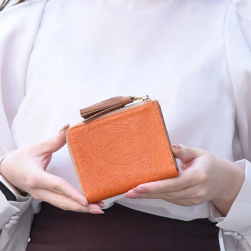 Botanical Paisley Mini Wallet Horse Leather Paisley Compact Made in Japan [Orange] - กระเป๋าสตางค์ - หนังแท้ สีส้ม