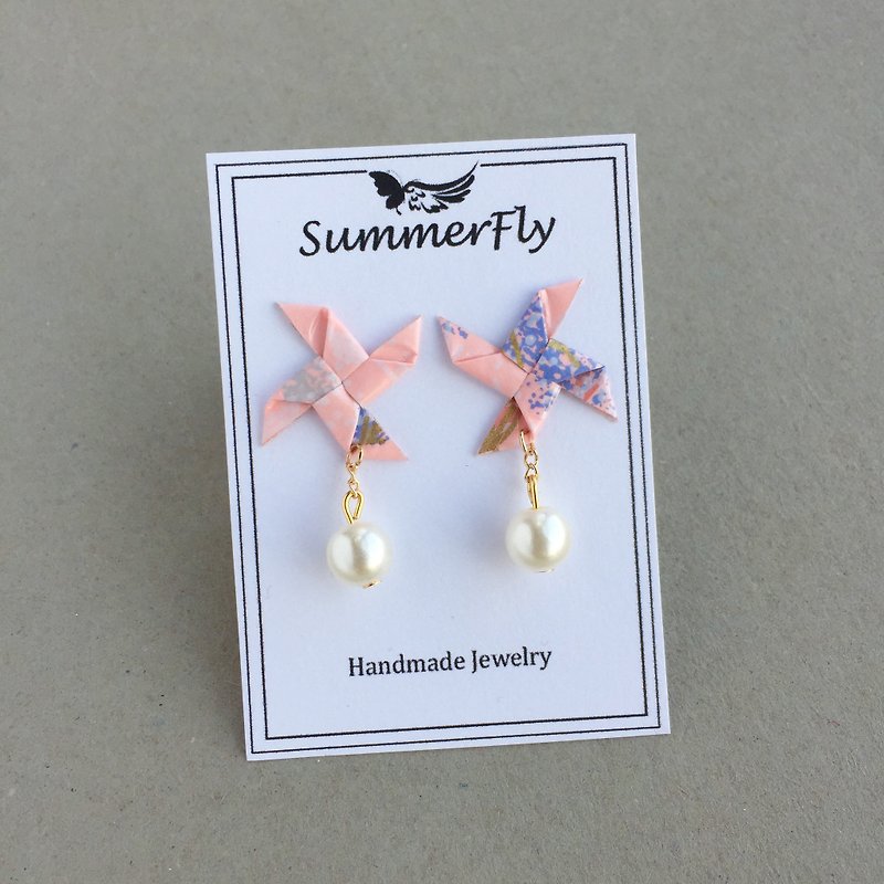 耳夾 耳針—粉色可愛日本折紙風車耳環--防水 - 耳環/耳夾 - 紙 粉紅色