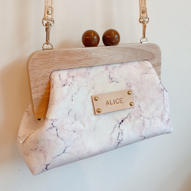 Mother's Day Limited Time Offer/Pink and Marble Square Box Bag/Shoulder Bag/Cross Bag/With English Letter Leather - กระเป๋าแมสเซนเจอร์ - ผ้าฝ้าย/ผ้าลินิน สึชมพู