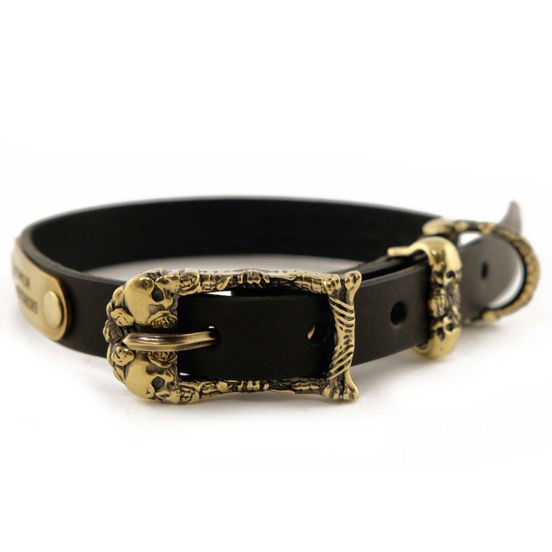 Personalized dog collar Skull and Roses, black leather pet collar with nameplate - 項圈/牽繩 - 真皮 黑色