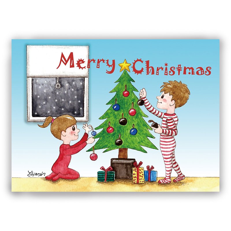 聖誕節-手繪插畫萬用卡聖誕卡/明信片/卡片/插畫卡-布置聖誕樹 - 心意卡/卡片 - 紙 
