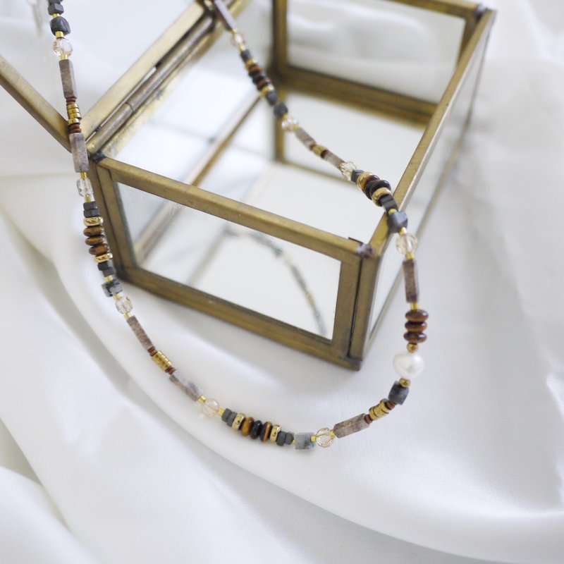 天然石虎眼石串珠項鍊 - 項鍊 - 寶石 咖啡色