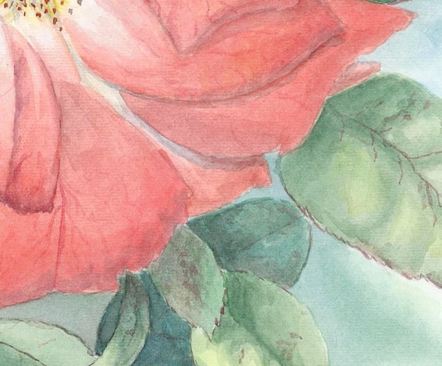 赤いバラの花のオリジナル水彩画 40 x 30 cm - ショップ Inspy
