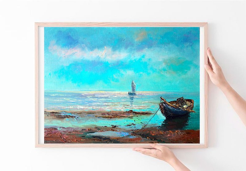 Sailboat Painting Oil Seascape Original Art Artwork Impasto Canvas Art - โปสเตอร์ - สี หลากหลายสี