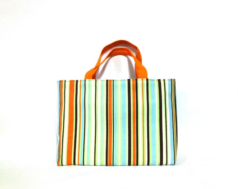 Small orange striped tote bag, handbag, canvas, handmade - Handbags & Totes - Cotton & Hemp Orange