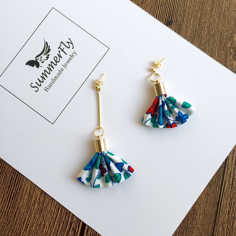 Ear clip can be changed! Japanese wind Floral ❤️ ❤️ folding cloth fringed bell ❤️ little red circle earrings earrings long paragraph without pierced ear hook ear wire birthday gift exchange - Earrings & Clip-ons - Cotton & Hemp Blue