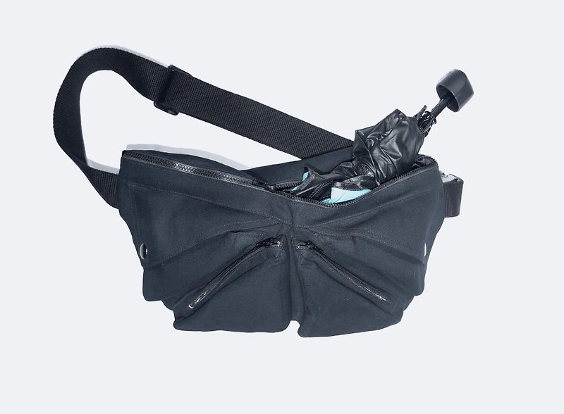 18SS multi-pocket functional belt bag - Messenger Bags & Sling Bags - Cotton & Hemp Black