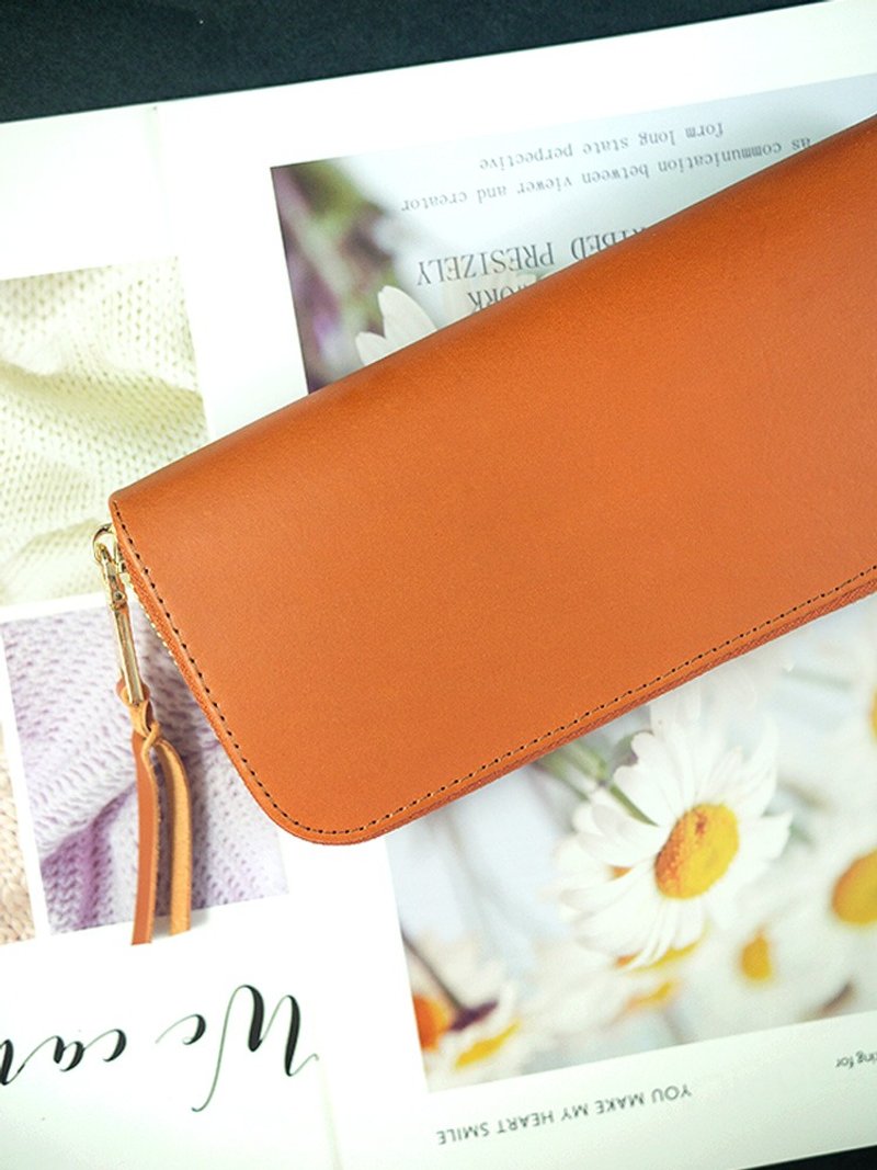 [Customized Engraving] Caramel Brown. Vegetable tanned long clip/wallet/wallet/coin purse - กระเป๋าสตางค์ - หนังแท้ สีนำ้ตาล