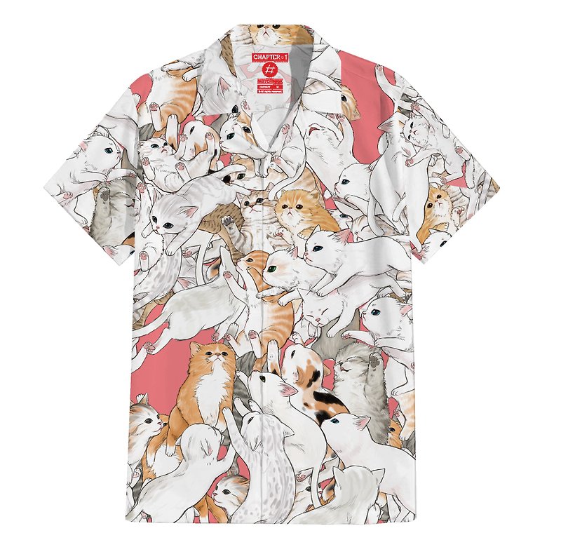 其他材質 男襯衫/休閒襯衫 白色 - Cat wave Italain Silk Hawaii Shirt Over Size
