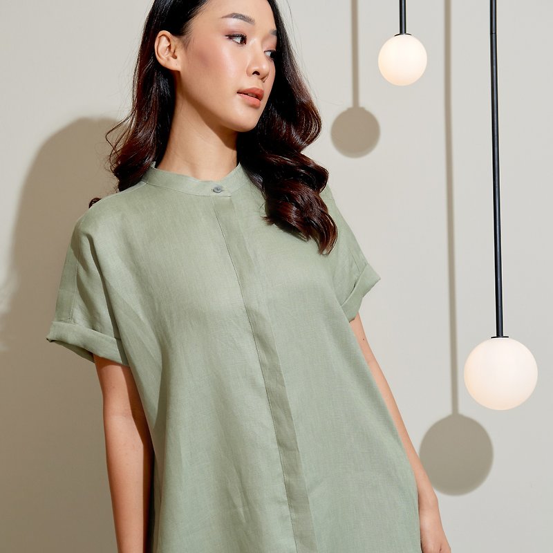 Mandarin Collar With Short Folded Sleeves Dress : Moss - One Piece Dresses - Cotton & Hemp Green