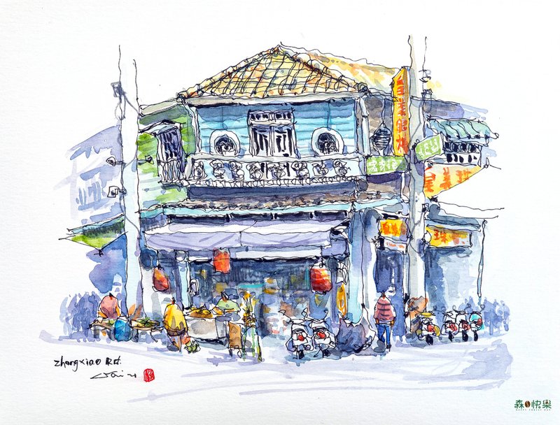 Liang Shaowei sketched a corner of Chiayi Zhongxiao Road travel sketch pen sketch watercolor sketch pen - วาดภาพ/ศิลปะการเขียน - กระดาษ ขาว