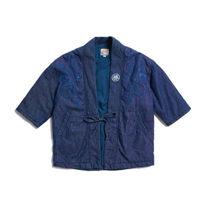 Edo Katsu Japanese style cotton-padded half-zen jacket-men's (leaven-washed blue) #shirt#half-tangle - เสื้อเชิ้ตผู้ชาย - ผ้าฝ้าย/ผ้าลินิน สีน้ำเงิน