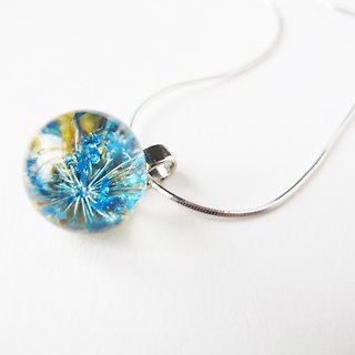 ＊Rosy Garden＊ Yellow and blue pressed Queen Annes lace flower resin semi ball pendant Sterling silver chain necklace