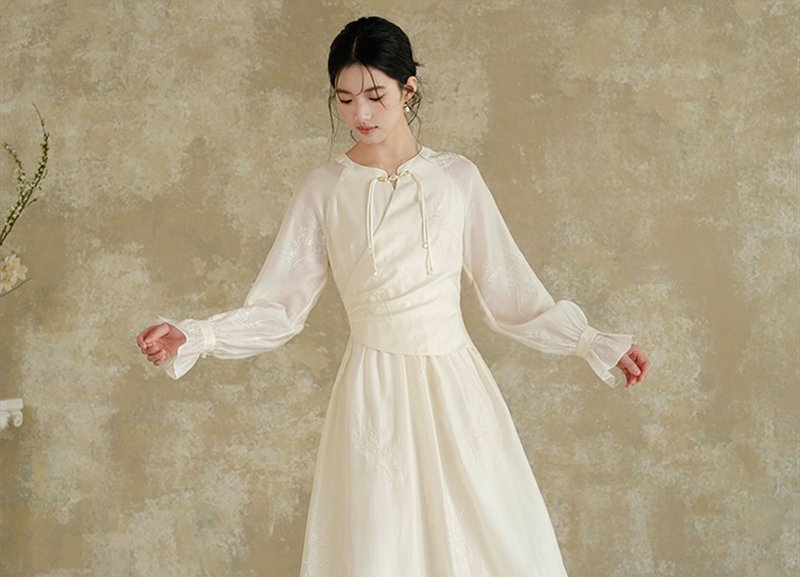 【梔杏】新中式復古中國風 A擺收腰/改良旗袍 - 洋裝/連身裙 - 其他材質 白色