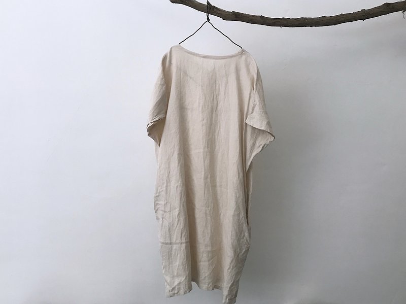 Beige cotton linen drop shoulder short sleeve dress - เสื้อผู้หญิง - ผ้าฝ้าย/ผ้าลินิน 