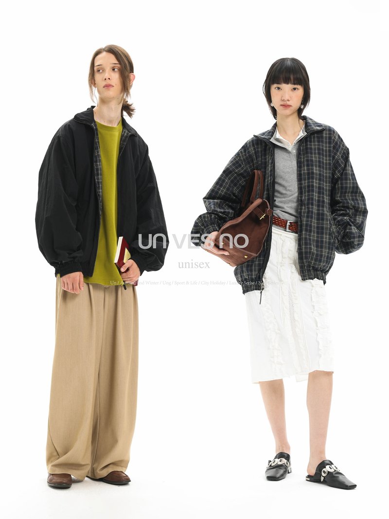 【雙面穿】Unvesno(UN) 復古褶皺休閒運動通勤淨色格子夾克外套 - 男夾克/外套 - 其他材質 
