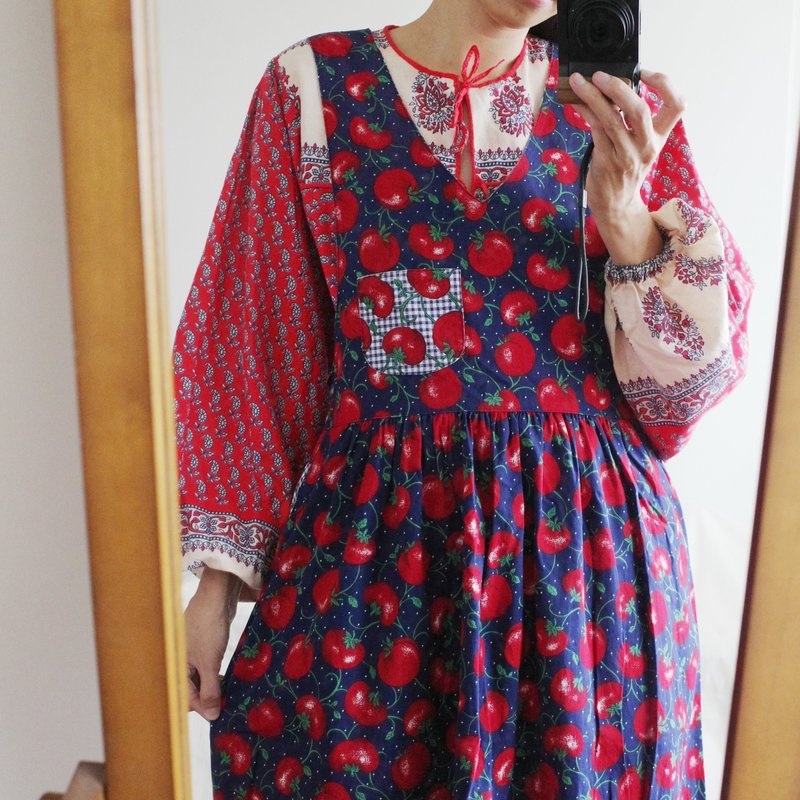 Vintage American country tomato totem sundress - ชุดเดรส - ผ้าฝ้าย/ผ้าลินิน 