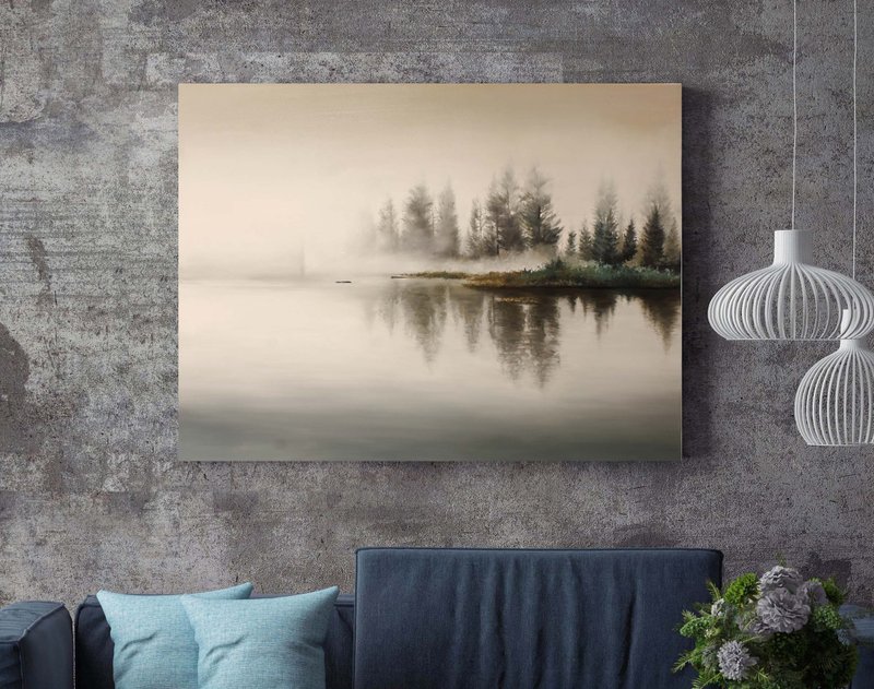 Minimalist River Painting | River Painting | River Landscape | River fog - 壁貼/牆壁裝飾 - 棉．麻 卡其色