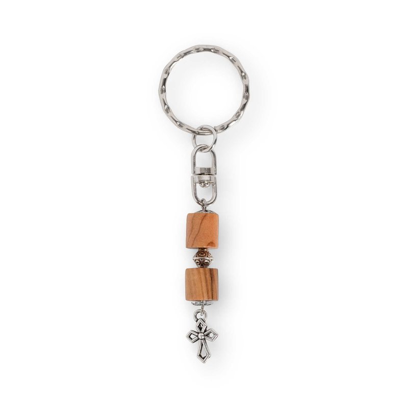 Multi-use hanging ornament,import,cylinder olive wood bead,silver cross,handmade - ที่ห้อยกุญแจ - ไม้ สีนำ้ตาล