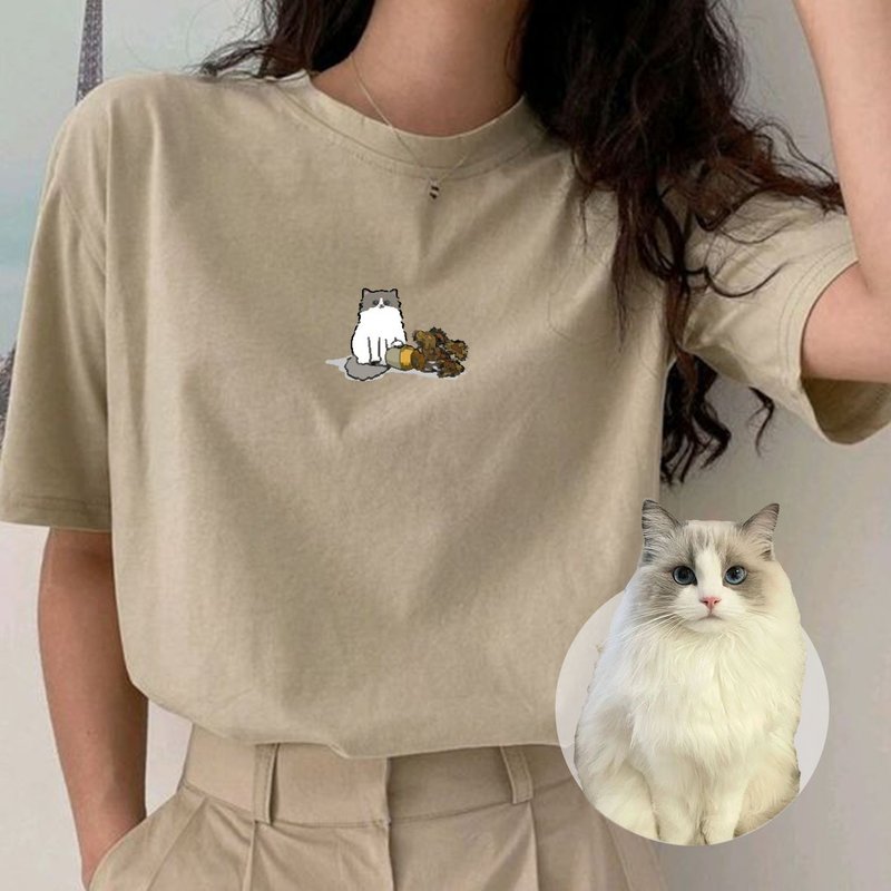 [Exclusive pet stylized hand-painted] Cute pet x van Gogh series heavy drape T-shirt - Customized Portraits - Cotton & Hemp White