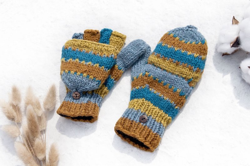 Hand-knitted pure wool knit gloves / detachable gloves / inner bristled gloves / warm gloves - desert blue sky - Gloves & Mittens - Wool Multicolor