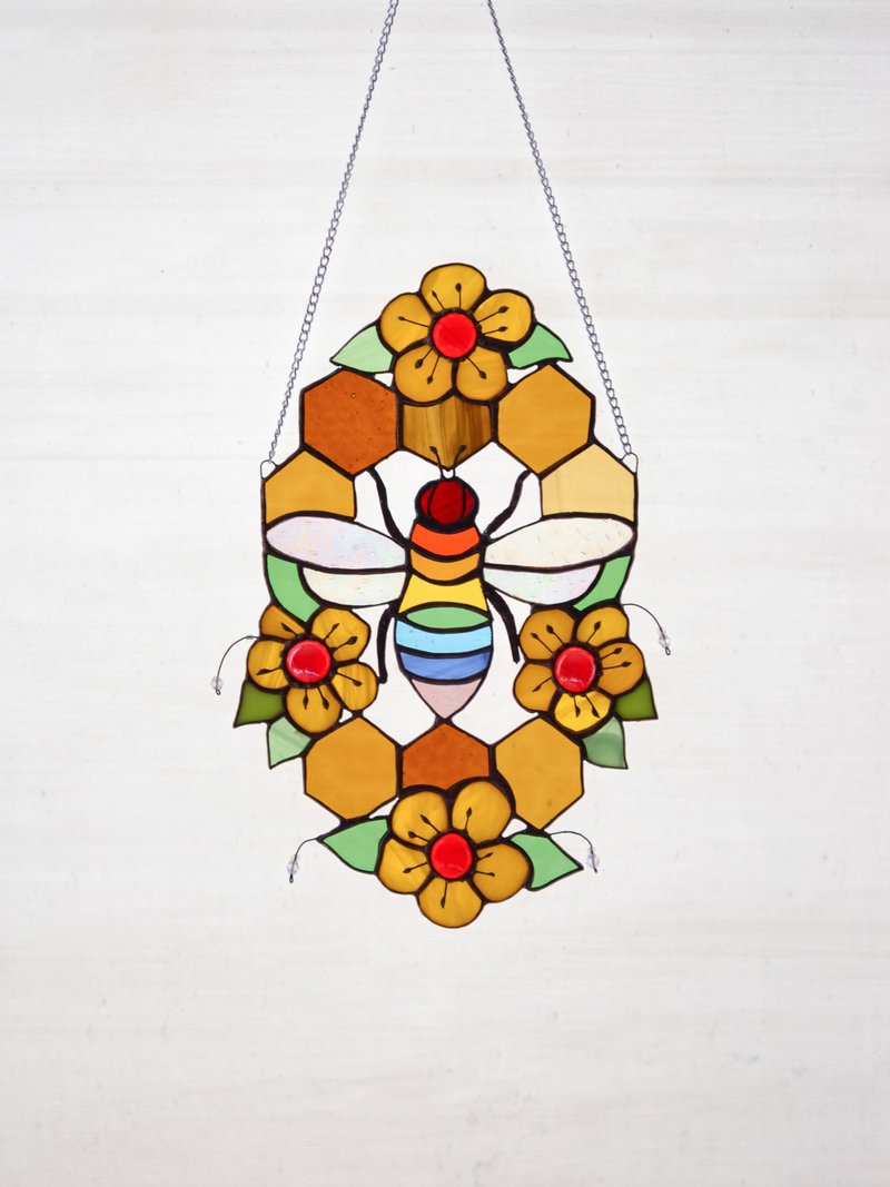 Stained Glass Honeybee Ornament, Honeycomb Stained Glass Dreamcatcher Rainbow - ตกแต่งผนัง - แก้ว หลากหลายสี