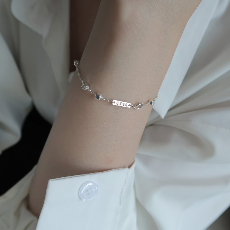 925 sterling silver square bead chain rectangular silver medal customized engraving bracelet free packaging - Bracelets - Sterling Silver Silver