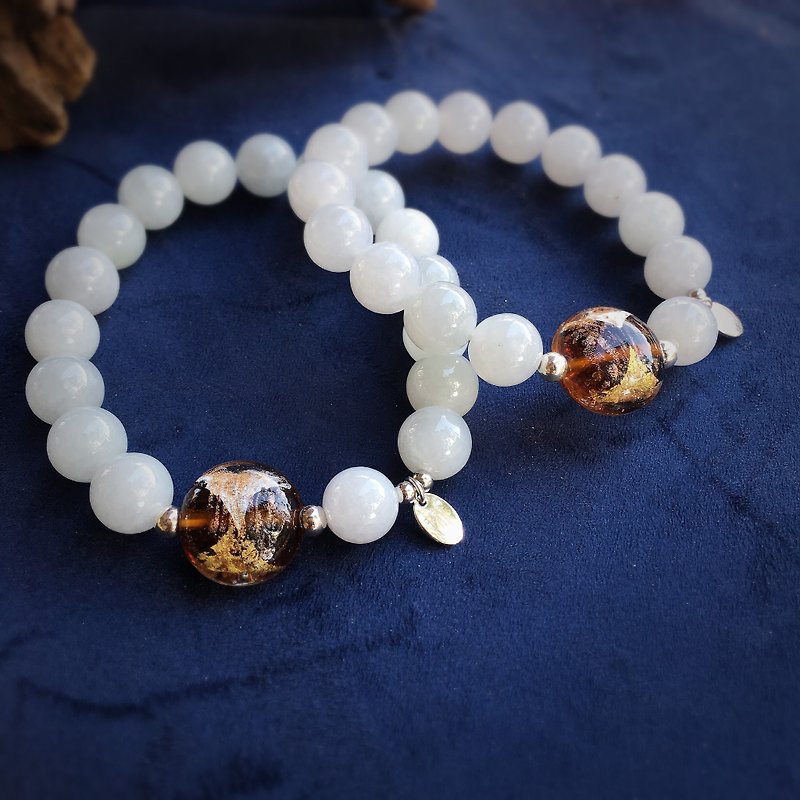 [Neon knot concentric] gold and silver foil glass natural white beaded bracelet - Bracelets - Gemstone Gold