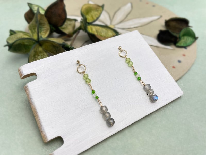 14KGF Labradorite and Mix Stone Beads Earrings - ต่างหู - เครื่องประดับพลอย สีเขียว