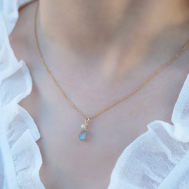 14K Gold Drop Gemstone Necklace-Labradorite | Citrine - Necklaces - Semi-Precious Stones Gray