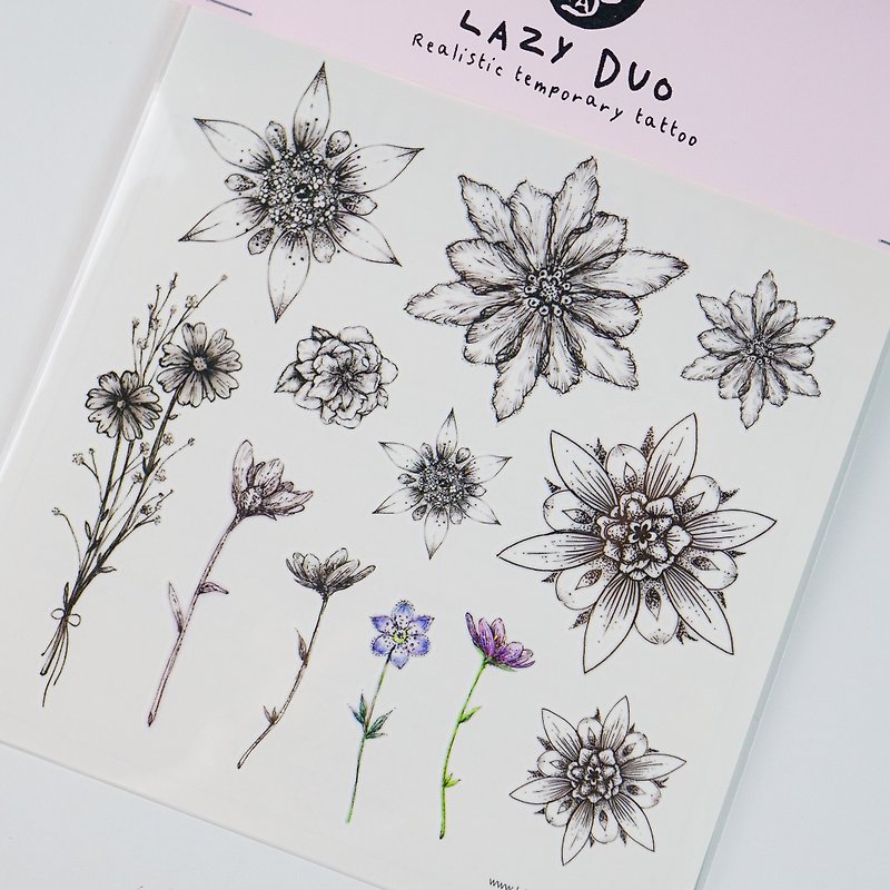 LAZYDUO手描きの美しいミニタトゥー青い花と草のタトゥーステッカー絶妙なかわいい女の子の水彩画の花のスケッチ - タトゥーシール - 紙 ブラック