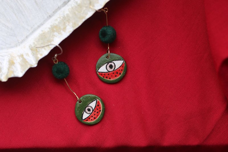 [Christmas] eyes red and green graffiti pure Silver ear clip earrings ceramic - Earrings & Clip-ons - Pottery Green