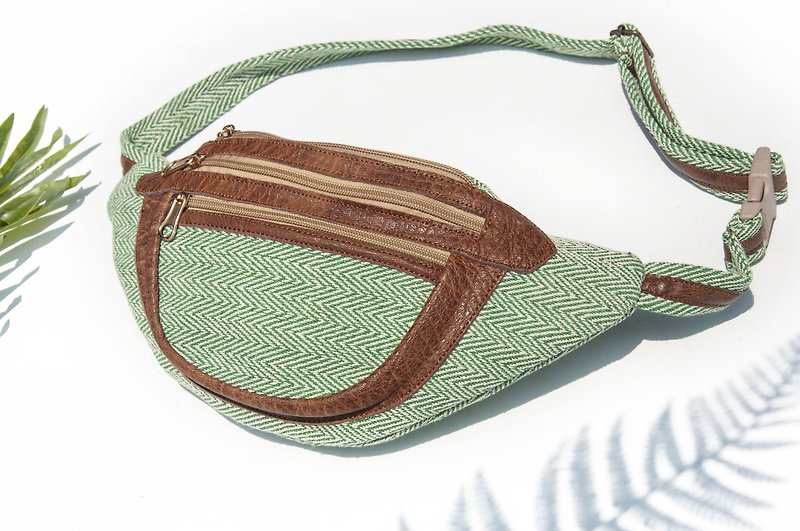 Leather chest bag, Linen waist bag, portable waist bag, hand-woven fabric, leather chest bag, cross-body bag, canvas-mint green - Messenger Bags & Sling Bags - Genuine Leather Green