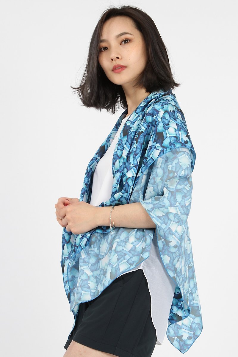 緞面柔軟數位印花方巾-萬花筒 - 絲巾 - 聚酯纖維 藍色