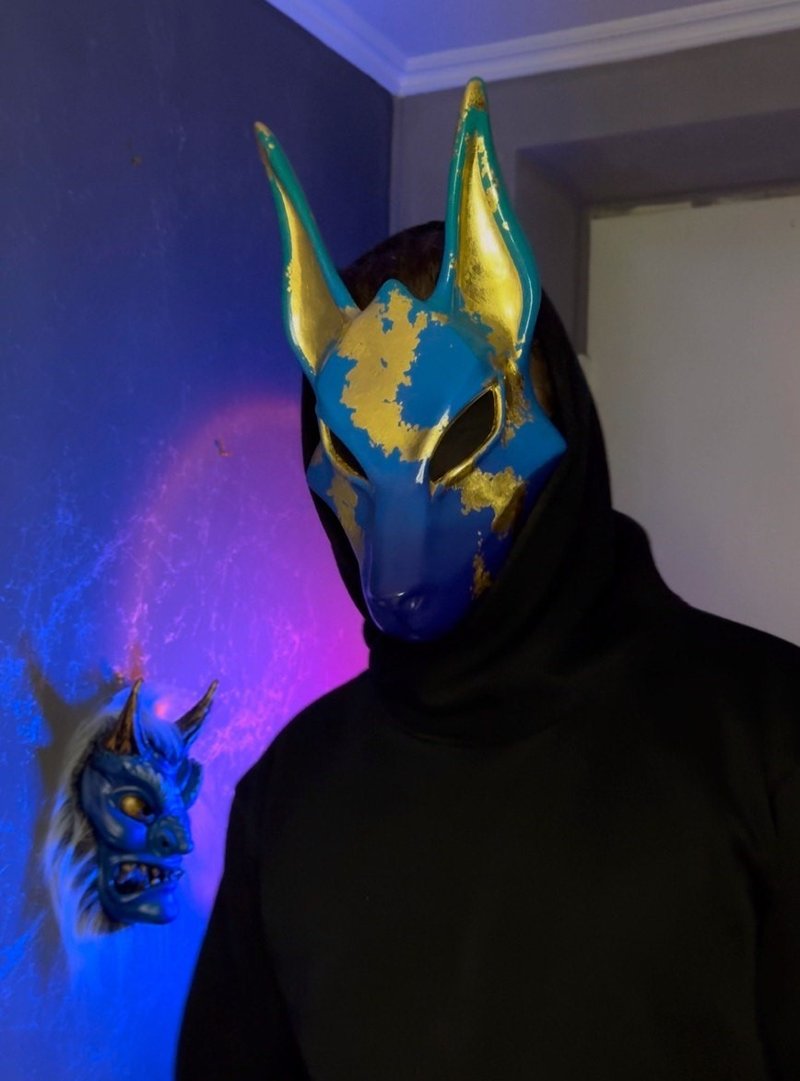 Egyptian Anubis Mask Blue and Gold, Cosplay Face Mask Costume, Wolf Head Jackal - 口罩/口罩收納套 - 樹脂 藍色