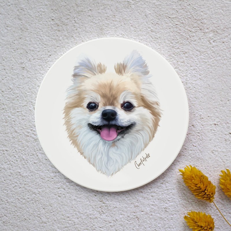 Watercolor Style Pet Portrait Coaster (Long Haired Chihuahua) - Other - Pottery White