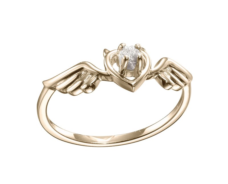Angel Wing Ring, Heart Diamond Ring, 9K Gold Raw Diamond Ring, Devil and Angel - แหวนทั่วไป - เพชร สีทอง