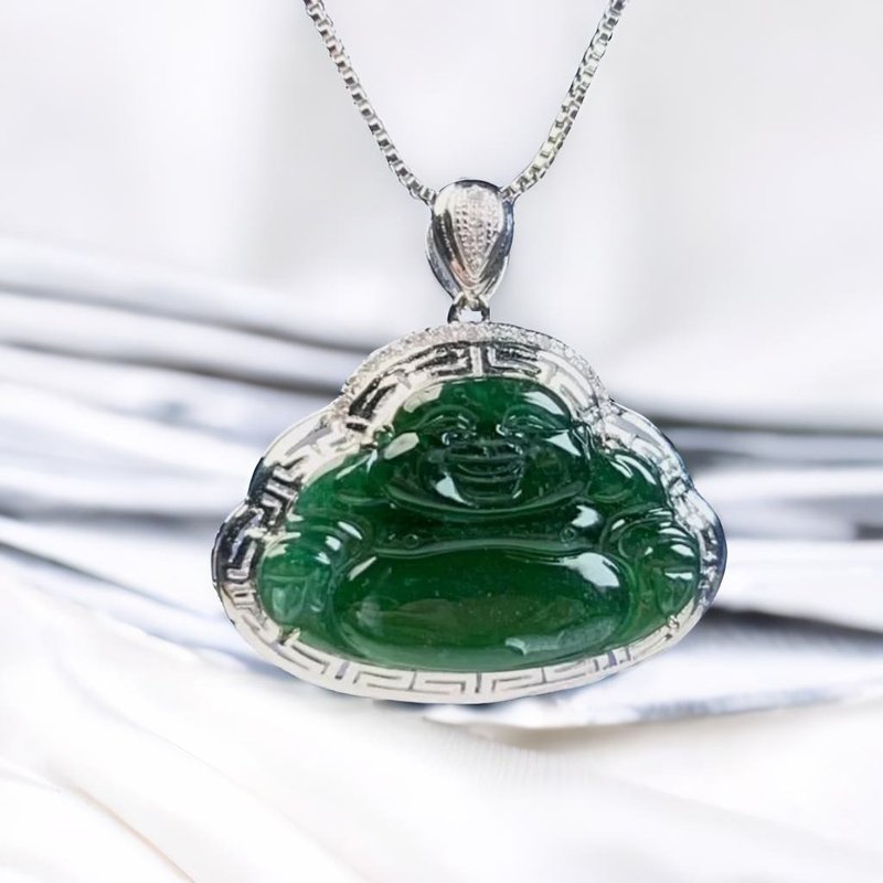 Bingzhong Laokeng Green Jadeite Maitreya Buddha Necklace 18K Gold Inlaid | Natural Grade A Jadeite | Gift - พวงกุญแจ - หยก สีเขียว